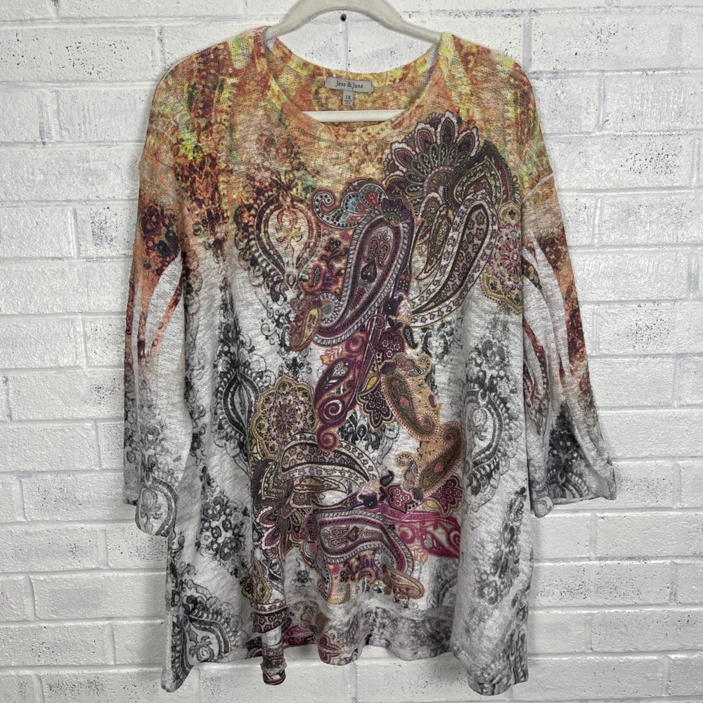 Jess & Jane Paisley Print Knit Tunic Top Womens Size 1X Stretch 3/4 Sleeve